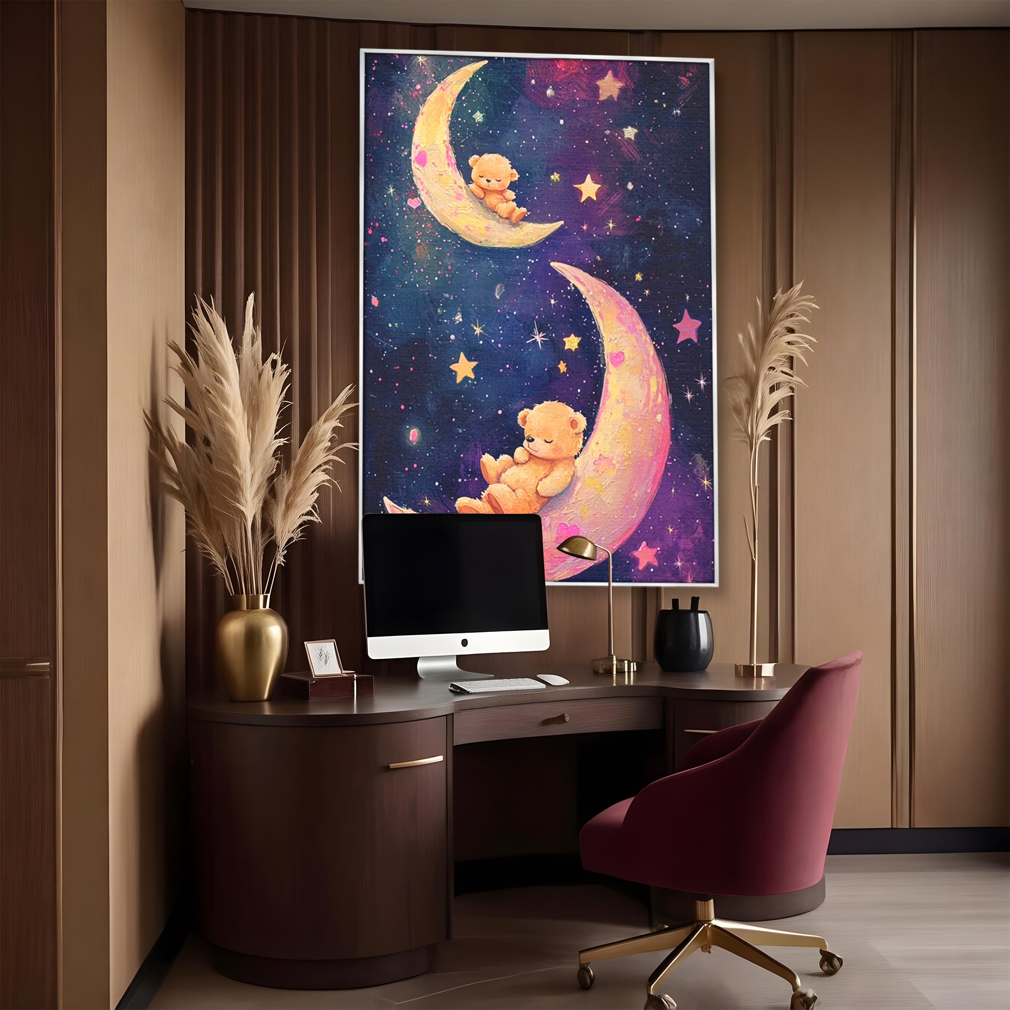 Tablou canvas cu doi ursuleti dorm pe semiluna, in rama de aluminiu argintiu, pe perete intr-un birou